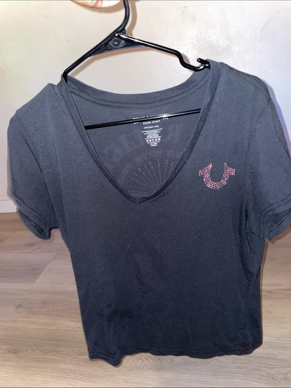 True Religion Black V-Neck Tee with Pink Rhinestone Logo